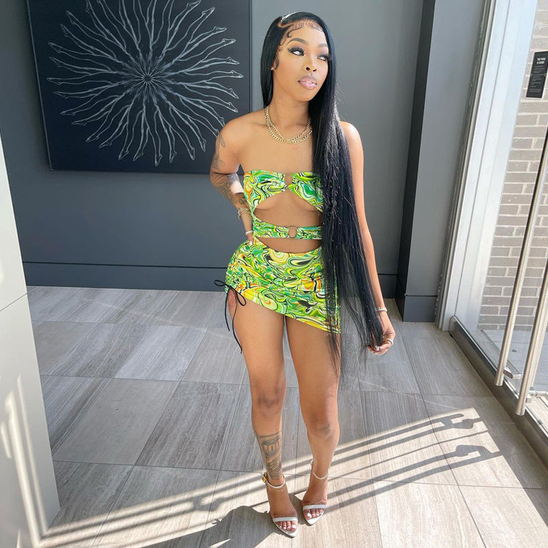 "Summer Time" Summer Print Bra Cut-out Drawstring Dress