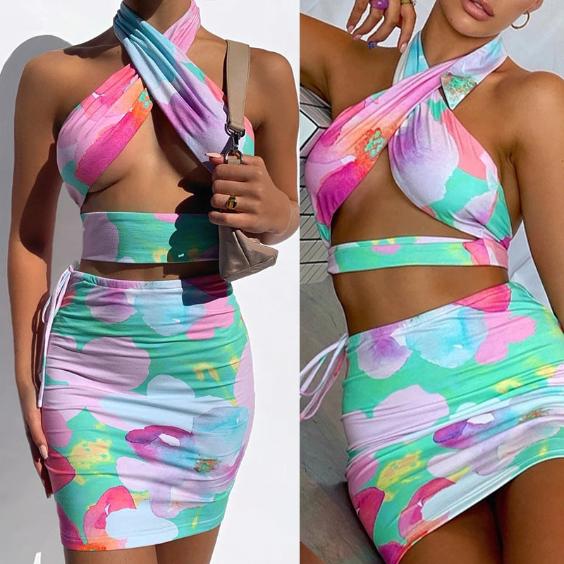 Women's Sexy Cross Halter Neck Skirt Set