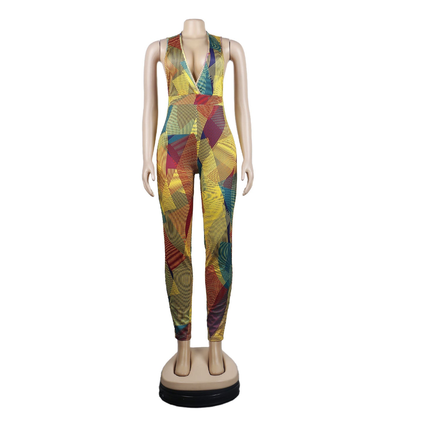 Sexy Deep V Stripe Digital Printing One-piece Jumpsuit