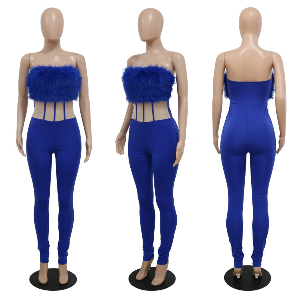 Women's Fashionable Sexy Fur Slimming Jumpsuit
