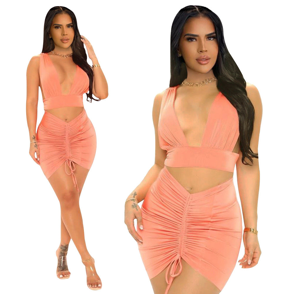 Vest Drawstring Pleated Sleeveless Backless Two Piece Skirt Set