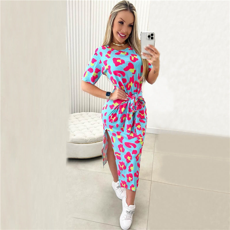 Women's Printed Short Sleeve Split Dress