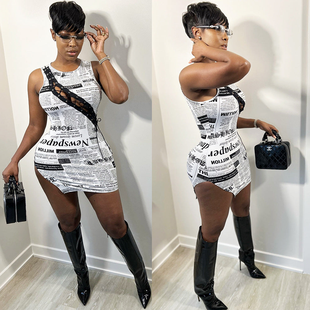 "Read All About It" Sexy Digital Printed Hollow Tie Dress