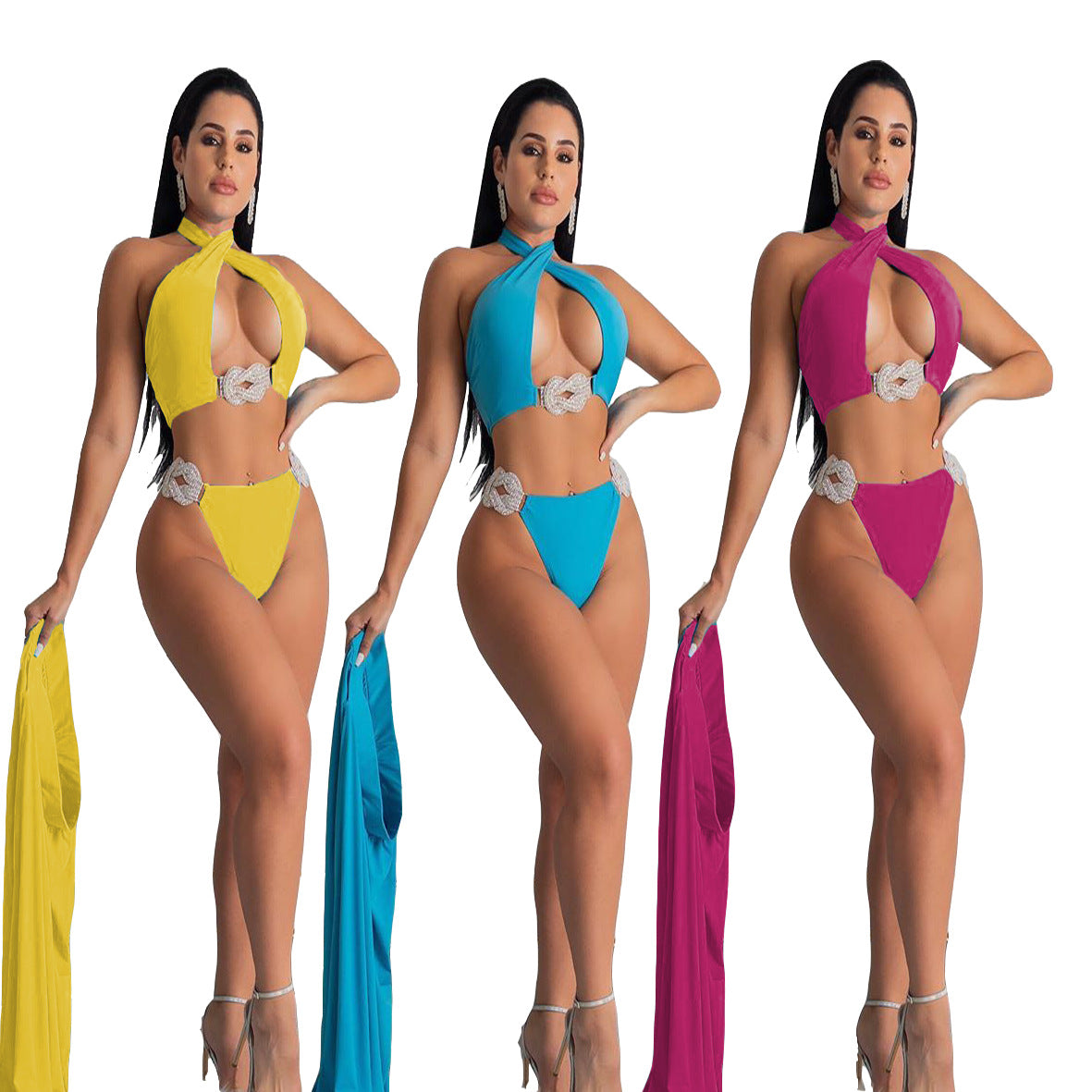 Ladies Split Triangle Bikini Cover-Up Three Piece Swimsuit Set