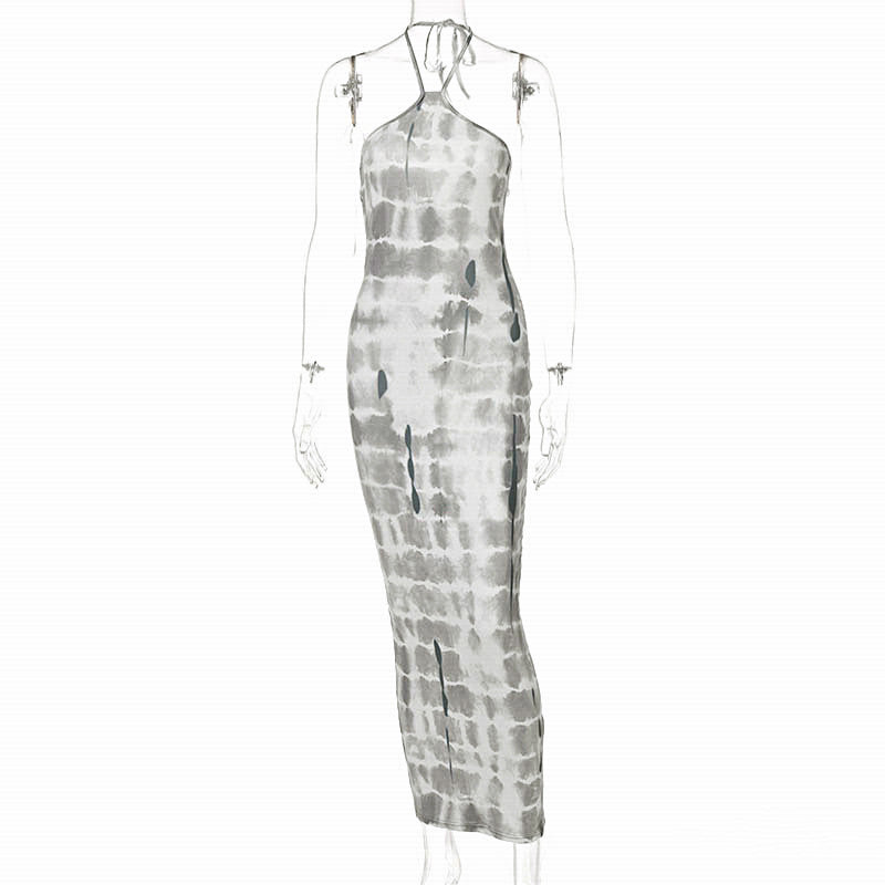 Grey Printed Halter Lace Sexy Dress