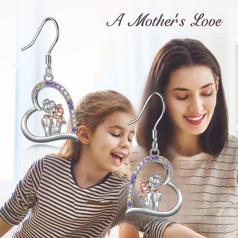 Mother Hold Child Love Heart Dangle Sterling Silver Earrings