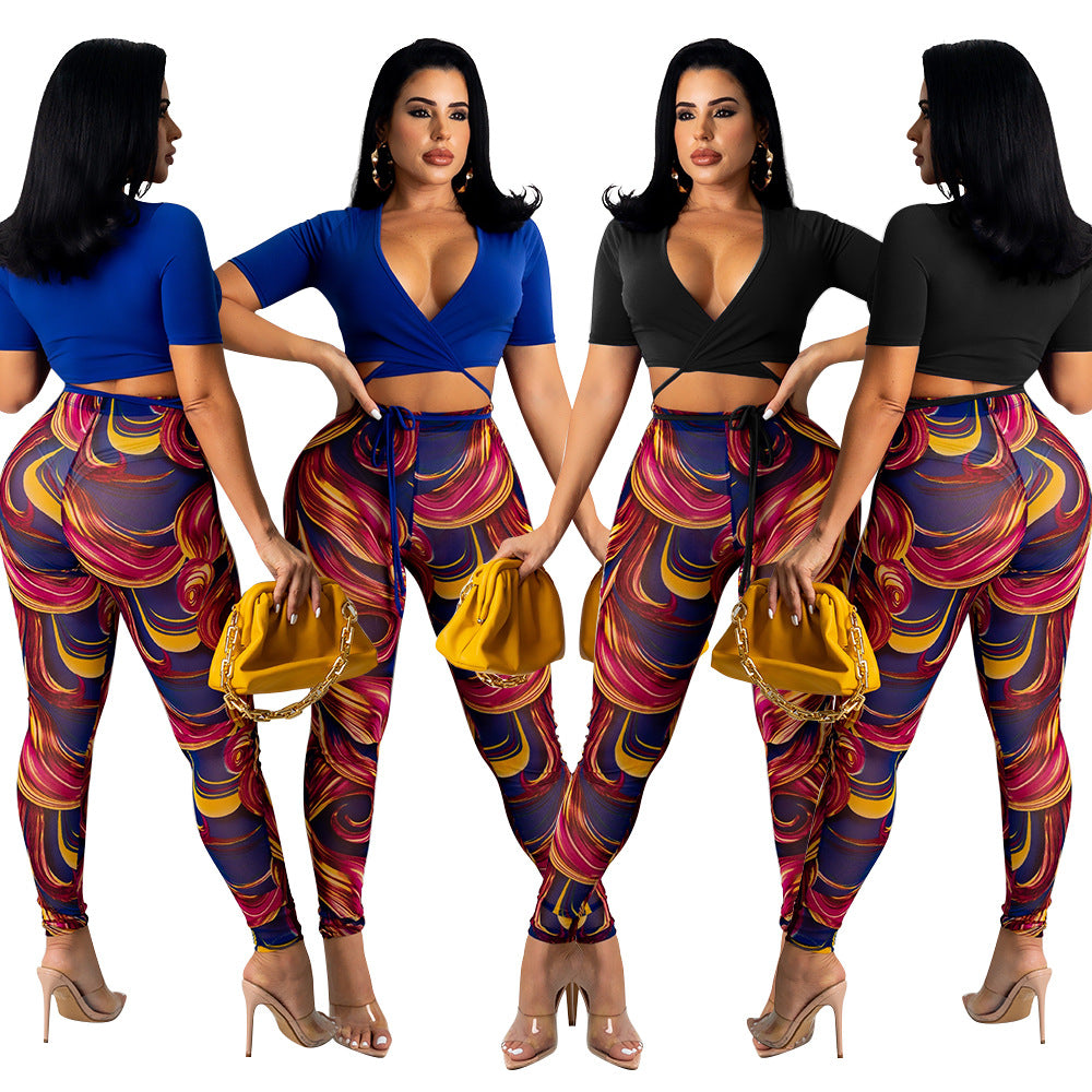 Sexy Mesh Printed Trousers Women Two-Piece Set