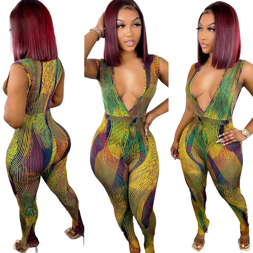 Sexy Deep V Stripe Digital Printing One-piece Jumpsuit