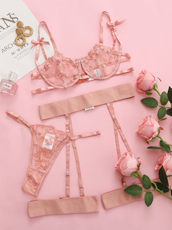 Women's Sexy Lace Mesh See-Through Lingerie Three-Piece Set