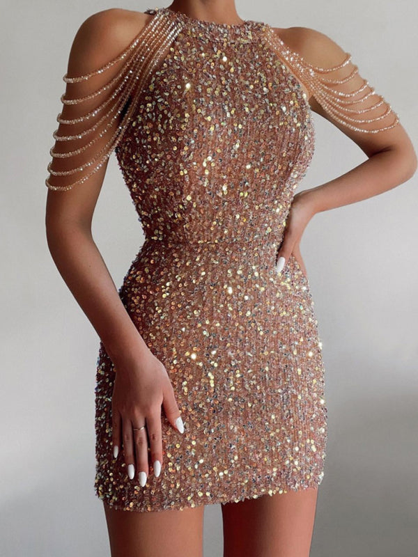 Women's Sequin Chain Beads Shoulder Straps Bodycon Minidress