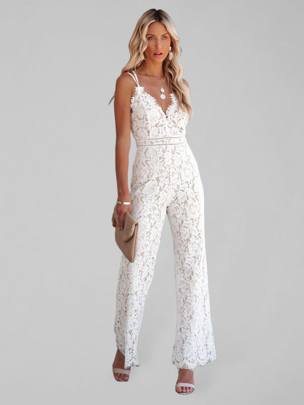 Women's Solid Color V-neck Strap Lace Jumpsuit